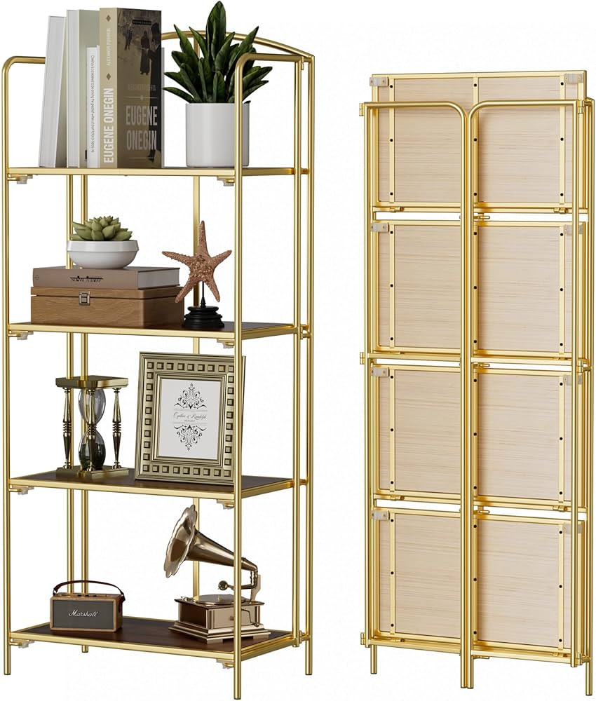 Crofy No Assembly Folding Bookshelf for Living Room, 4 Tier Gold Collapsible Book Shelf for Home ... | Amazon (US)