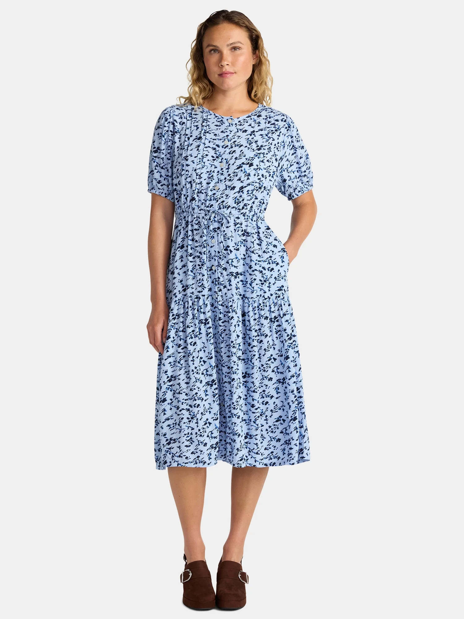 Time and Tru Women's Midi Shirtdress with Short Sleeves, Sizes XS-XXXL | Walmart (US)