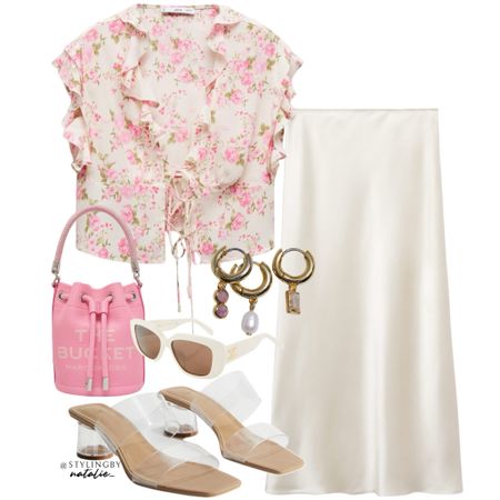 Floral tie together frill blouse, satin slip skirt, Marc jacobs bucket bag, see through block heel sandals, celine sunglasses.
Bank holiday outfit, summer outfit, date night, classy style, holiday outfit.

#LTKstyletip #LTKshoecrush #LTKSeasonal