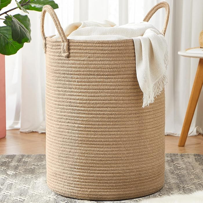 80L Extra Large Jute Laundry Hamper Tall Woven Laudnry Basket Wicker Rope Clothes Hamper Boho Bla... | Amazon (US)