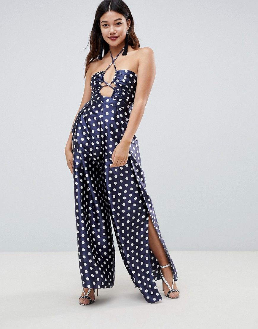 ASOS DESIGN jumpsuit with cut out detail and halterneck in satin polka dot - Multi | ASOS US