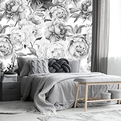 Simple Shapes Peony Flower Mural Wall Art Wallpaper - Black & White | Amazon (US)