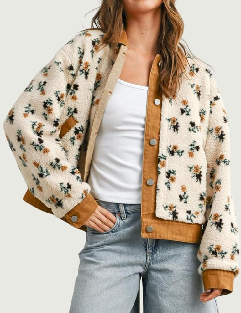 Women's Floral Sherpa Jacket Open Front Denim Collar Fleece Jackets Oversized Outerwear with Pock... | Amazon (US)