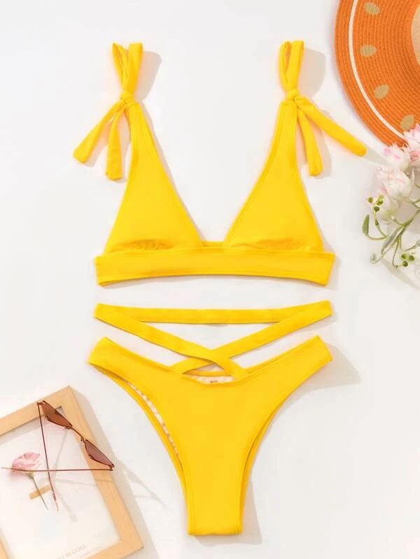 Tie Shoulder Crisscross Bikini Swimsuit | SHEIN