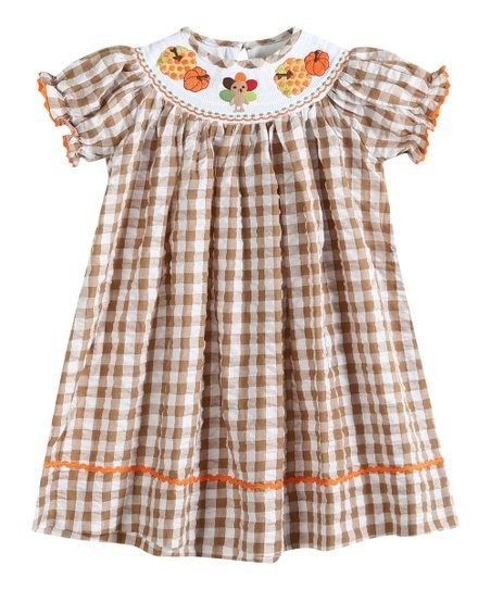 Tan Gingham Pumpkin Turkey Smocked Bishop Dress - Infant, Toddler & Girls | Zulily