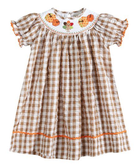 Lil Cactus Tan Gingham Pumpkin Turkey Smocked Bishop Dress - Infant, Toddler & Girls | Zulily