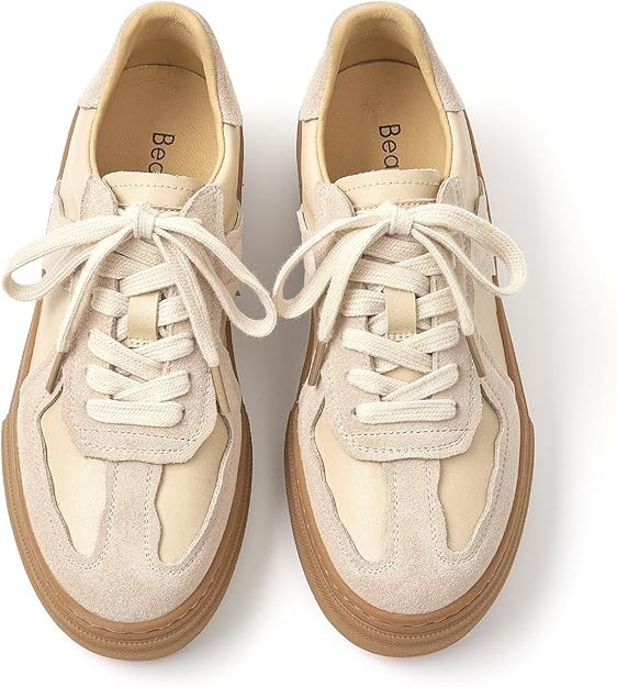 BEAU TODAY Women's Fashion Sneakers,Leather Lace Up Platform OG Sneakers,Retro Comfortable Casual... | Amazon (US)