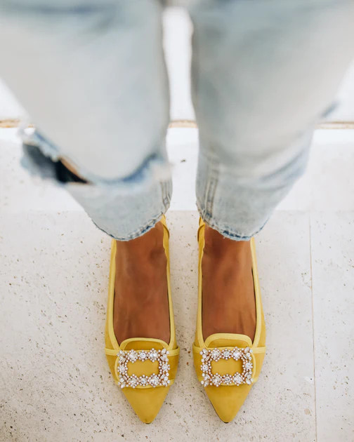 Vanderpump Embellished Faux Suede Flats - Yellow | VICI