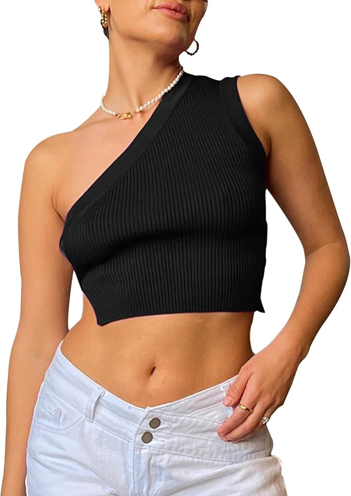 SAFRISIOR Women One Shoulder Backless Knitted Crop Top Sexy Sleeveless Strappy Open Back Cami Tank T | Amazon (US)