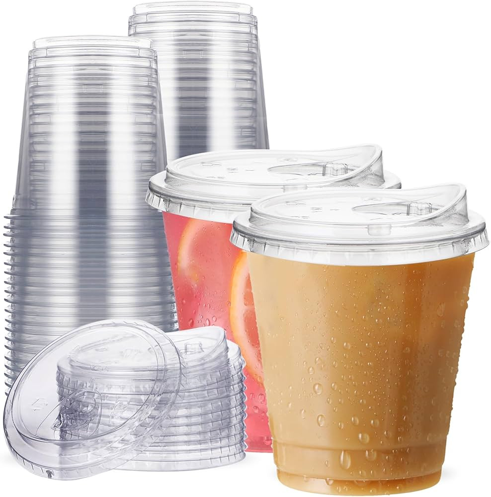 12 oz Clear Plastic Cups with Strawless-Sip-Lids, 25 Sets Disposable Cups Plastic Iced Coffee Cup... | Amazon (US)