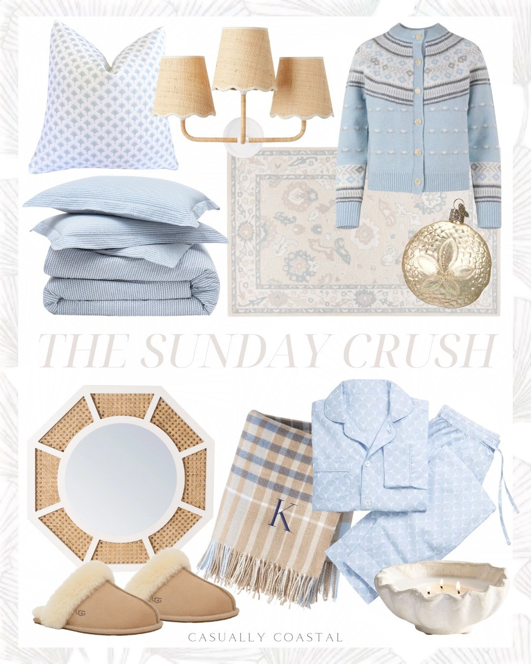 The Sunday Crush 

Coastal home, coastal style, coastal rug, coastal sweater, coastal pajamas, coastal throw blanket, coastal mirror, coastal bedding, coastal pillow, Etsy pillows, soft blue palm tree pillow cover, percale duvet set, triple sconce, Hill House Home cardigan, wayfair rug, affordable rug, wool pile oriental rug, sandbar pajamas, Serena & lily pajamas, shell candle collection, Italian plaid throw blanket, large rattan wall mirror, Amazon mirror, slippers, UGG slippers, Christmas sand dollar ornament 

#LTKHome #LTKFindsUnder50 #LTKFindsUnder100