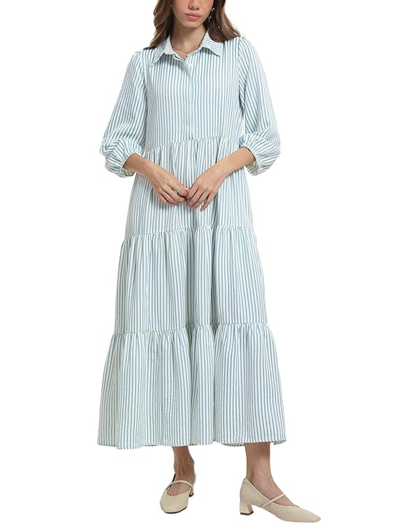 D-Sun Women Long Sleeve Maxi Dress V Neck Button Down Flowy Tiered Ruffle Shirt Dress Casual Fall... | Amazon (US)