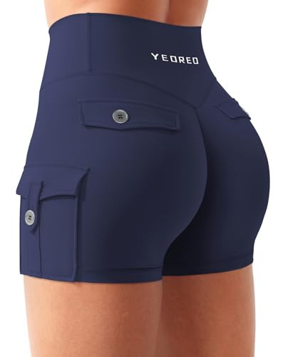 YEOREO CoreFlex Women Workout Gym Shorts with Cargo Pockets Hidden Scrunch 3.6" 4.5" Inseam No Front Seam Biker Shorts Navy L | Amazon (US)