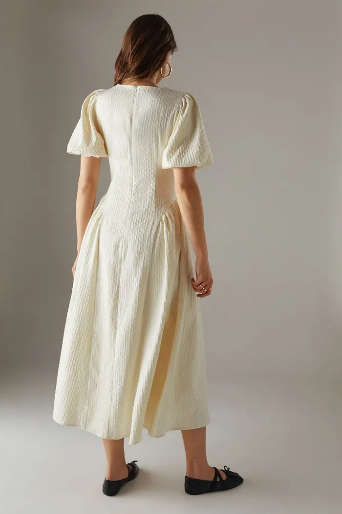Warehouse Seersucker Puff Sleeve Midi Dress | Nordstrom | Nordstrom