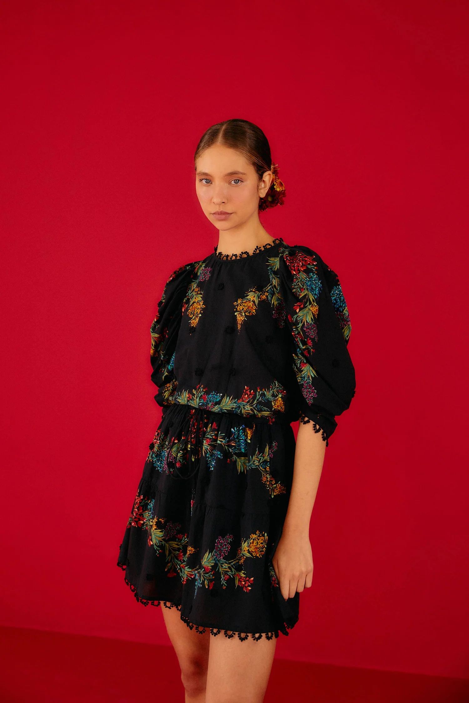 Black Louise Floral Mini Dress | FarmRio