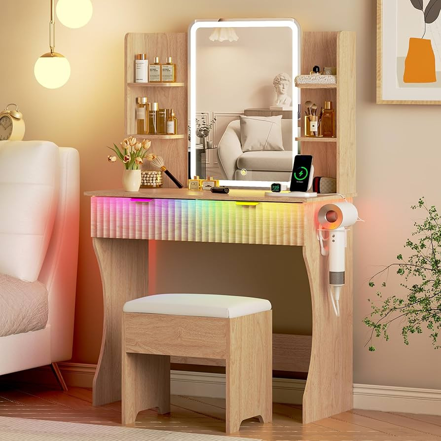 Vanity Desk with LED Lights Mirror & Power Outlet, Small Makeup Vanity Table Set with Storage Dra... | Amazon (US)