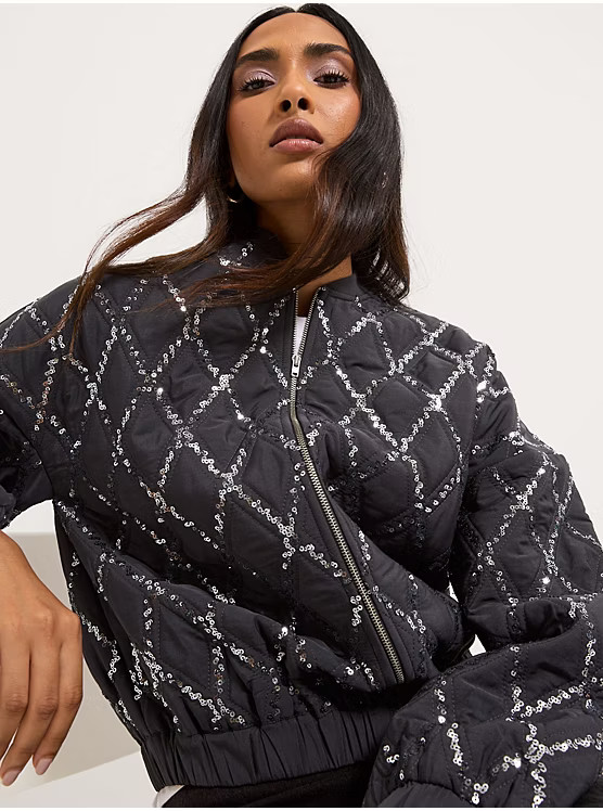 Charcoal Grey Sequin Diamond Quilted Bomber Jacket | George at ASDA