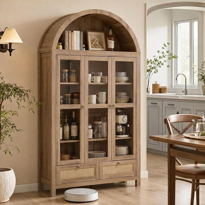 75'' Arched Cabinet Classic Farmhouse Design w/Three Glass Doors, Arch Cabinet w/Rattan Drawers a... | Amazon (US)