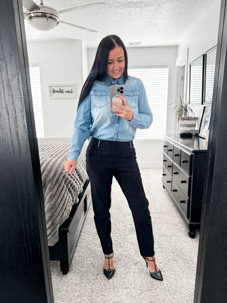 Styling my favorite black dress pants from 89th and Madison. 
These pants are seriously the comfiest dress pants I’ve had. Styled a more casual dressy look here with a light weight denim shirt and my favorite black heels. 

 @89thmadison ● #89thmadison, #89thmadisonpartner #ad #blackdresspants #casualdressy #styled #workwear

#LTKover40 #LTKfindsunder100 #LTKstyletip