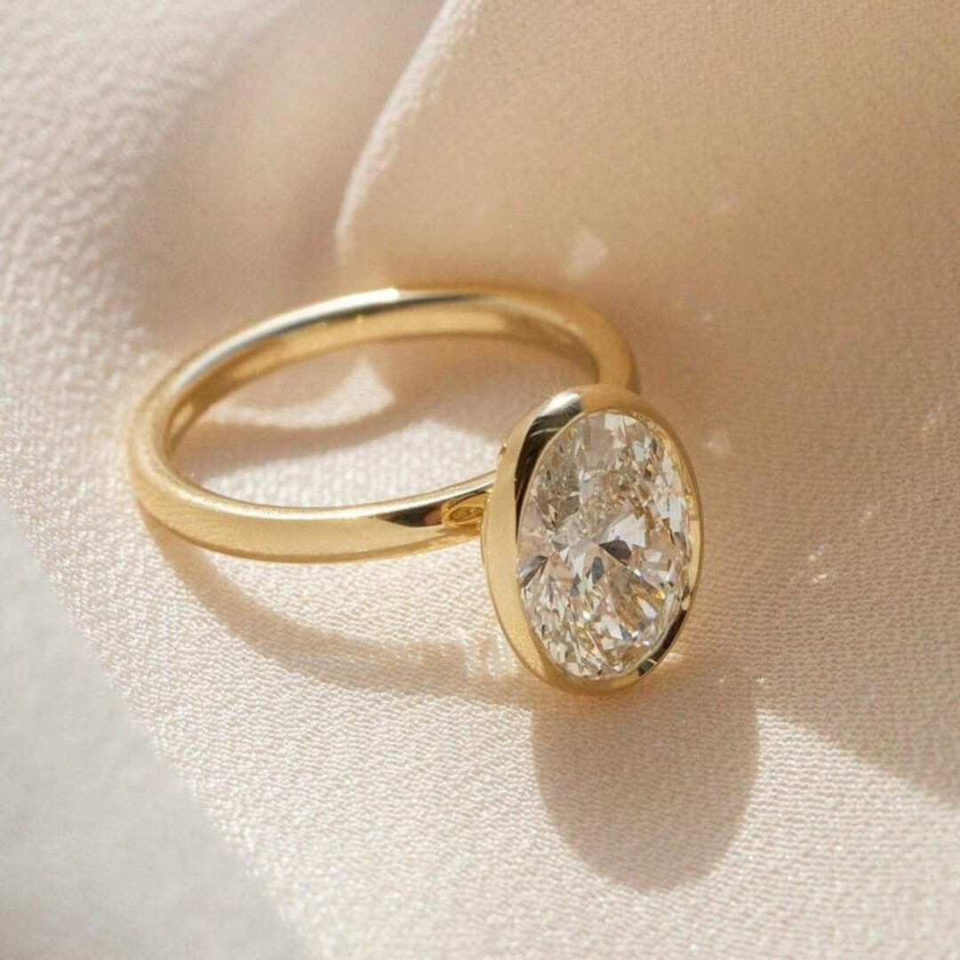 14K Solid Yellow Gold Oval Moissanite Engagement Ring Anniversary Rings Bezel Set Promise Ring Di... | Etsy (US)
