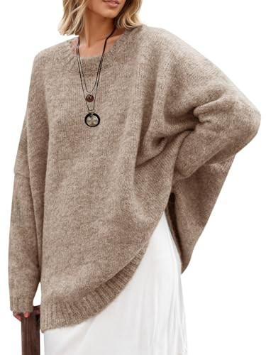 Saodimallsu Womens Oversized Tunic Sweaters Crew Neck Long Sleeve Fall Casual Slouchy Knit Pullover Tops Khaki | Amazon (US)