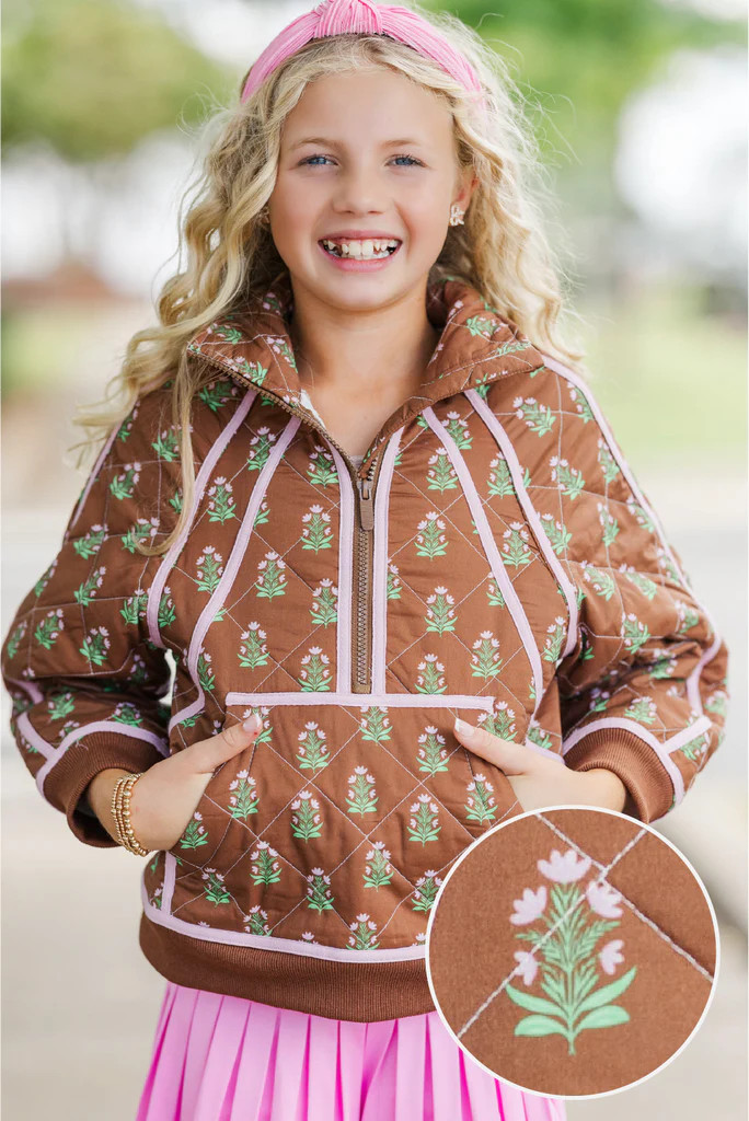 Girls: Always Direct Brown Medallion Quilted Pullover | The Mint Julep Boutique