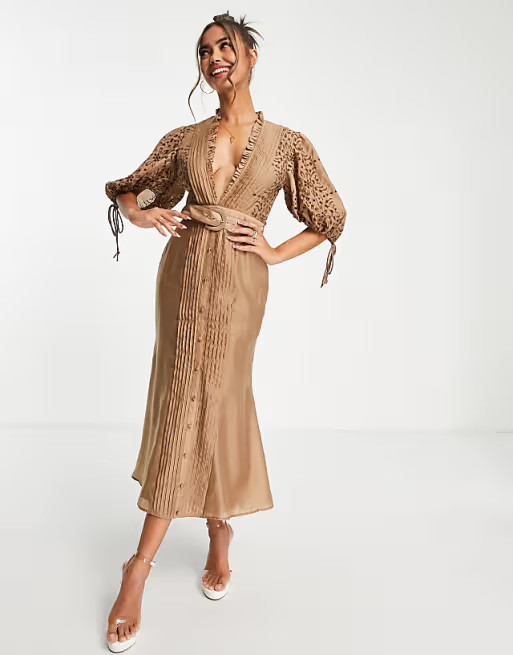 ASOS DESIGN lace insert midi dress with puff sleeves and belt detail | ASOS (Global)