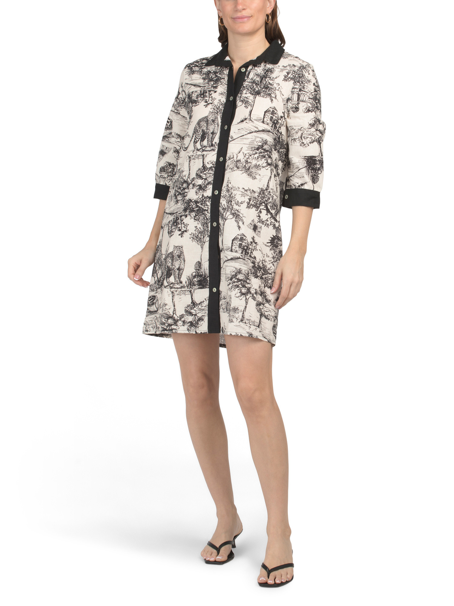 Made In Italy Linen Blend Elbow Sleeve Toile Print Mini Shirt Dress | Casual Dresses  | Marshalls | Marshalls