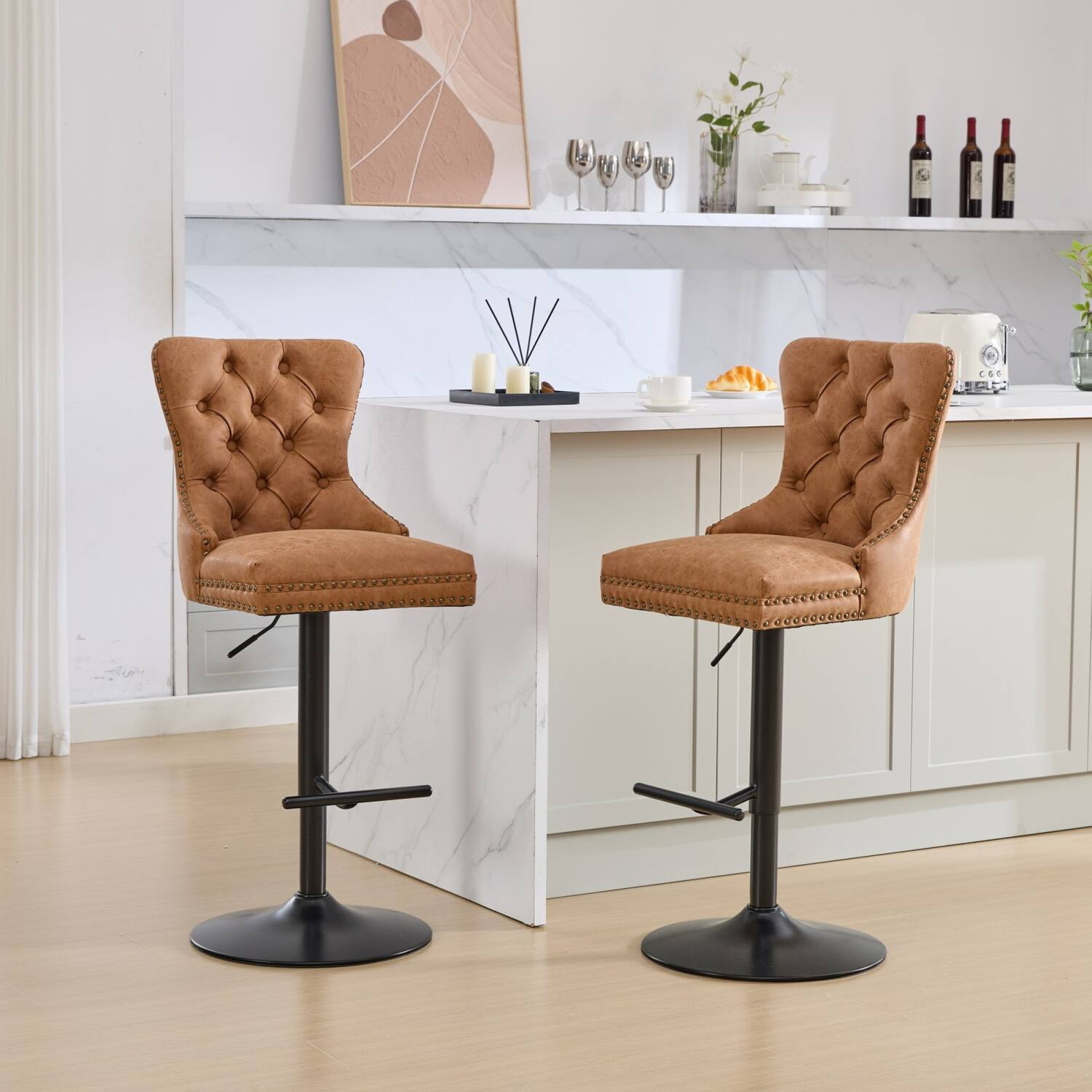 GOODSILO - Vintage-Inspired Adjustable Swivel Bar Stools with Tufted Backs, Set of 2 for Kitchen and Home Pub - Orange | Best Buy U.S.