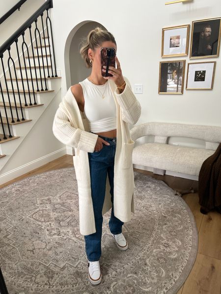 This cardigan comes in two colors- Grey and Cream! 🤍 🩶 Wearing in an xs.

Jeans are some of my most reached for: 90’s straight in the curve love fit (25)! 👏🏻 

Linking all of the outfit details for you! 

#LTKstyletip #LTKSeasonal #LTKfindsunder100