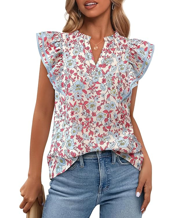 BTFBM Women Dressy Casual 2026 Summer Shirts Boho Floral Notched V Neck Ruffle Cap Sleeve Tops Bu... | Amazon (CA)
