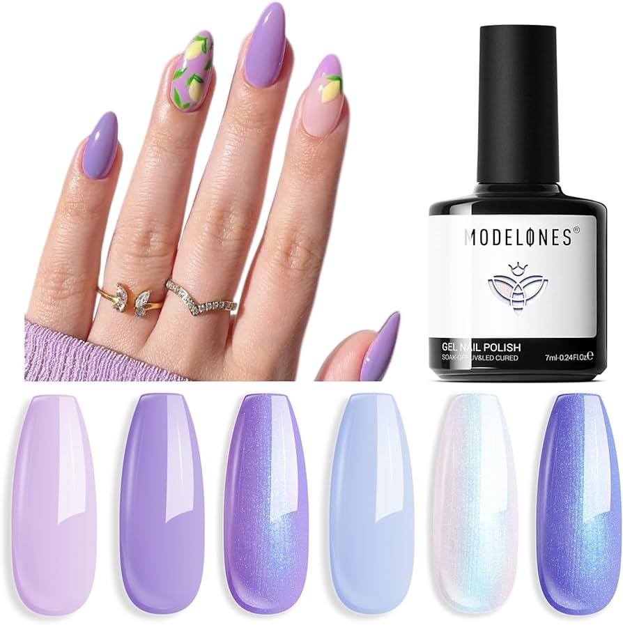 modelones Gel Nail Polish Set, 6 Colors White Blue Shimmer Violet Mermaid Hema Free Purple Summer... | Amazon (US)