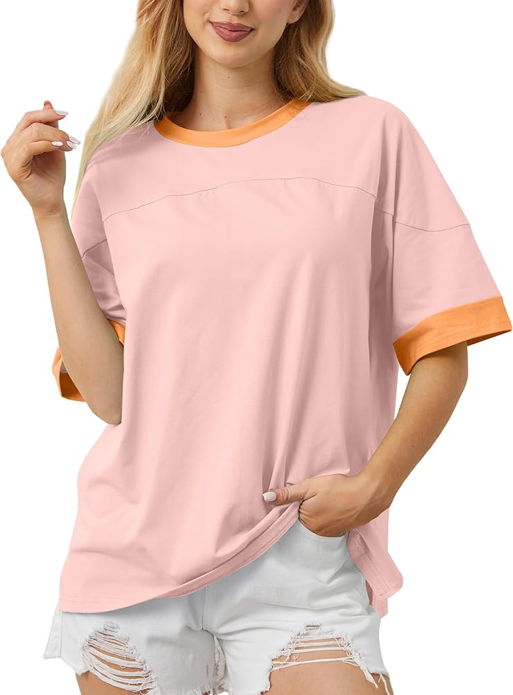Women Oversized Color Block Short Sleeve T Shirt Crewneck Patchwork Split Hem Shirt Casual Loose ... | Amazon (US)