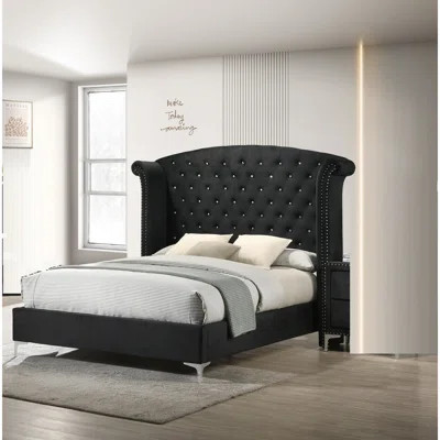 Glam Upholstered Bed Button-Tufting Wing Back Headboard Button Tufted Bedroom Furniture Wood Metal Fabric | Wayfair North America