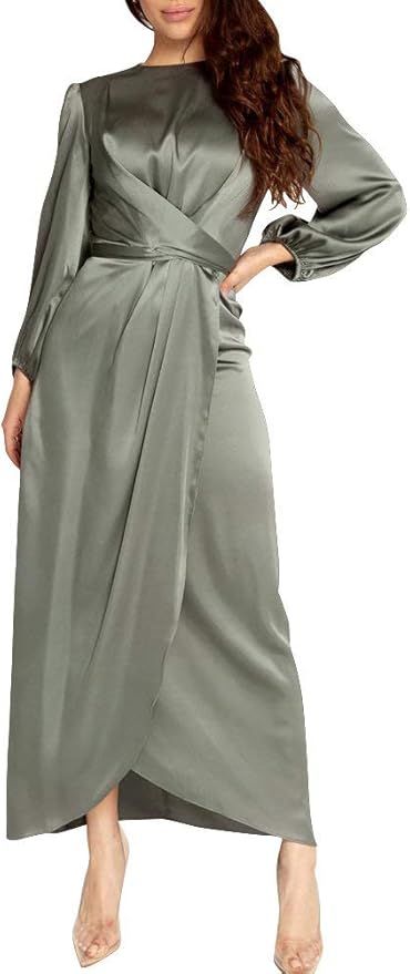 PINUPART Women's Elegant Empire Waist Long Sleeve Satin Maxi Dress | Amazon (US)