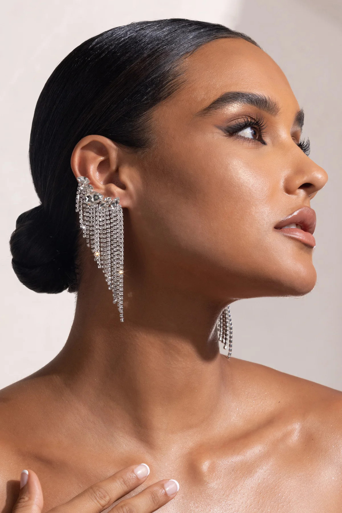Beatrice | Silver Diamante Tassel Drop Cuff Earrings | Club L London