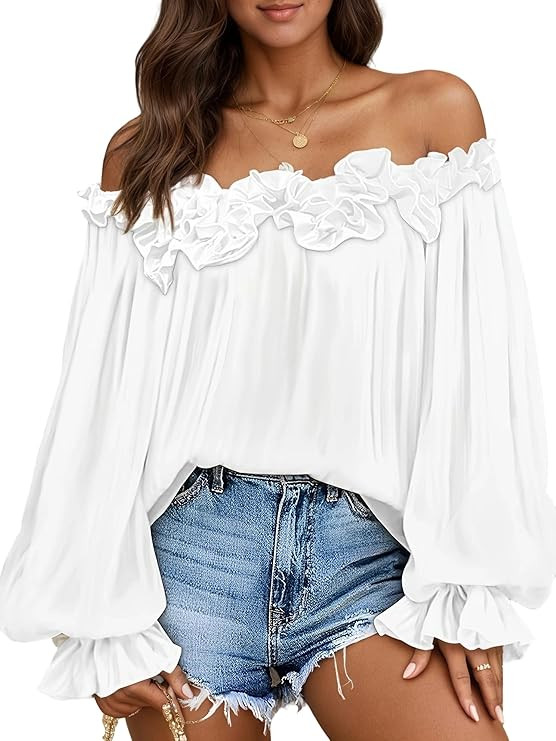 Gradient Ruffled Off Shoulder Blouse for Women Puff Long Sleeve Top Boho Summer Vacation Casual L... | Amazon (US)
