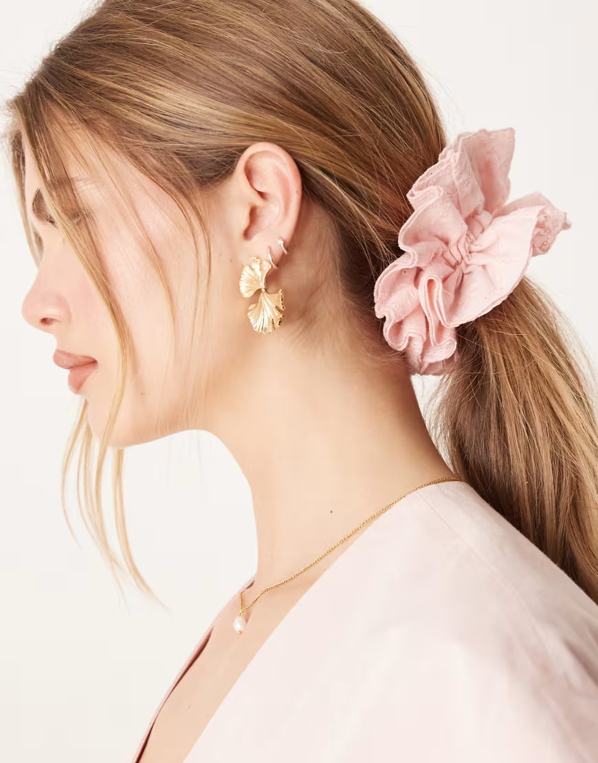 ASOS Design scrunchie with frill and bow detail in pink | ASOS (Global)