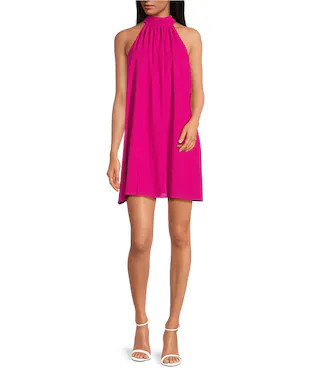 Belle by Badgley Mischka Elise Georgette Turtleneck Sleeveless Back Tie Waistless Trapeze Mini Dr... | Dillard's
