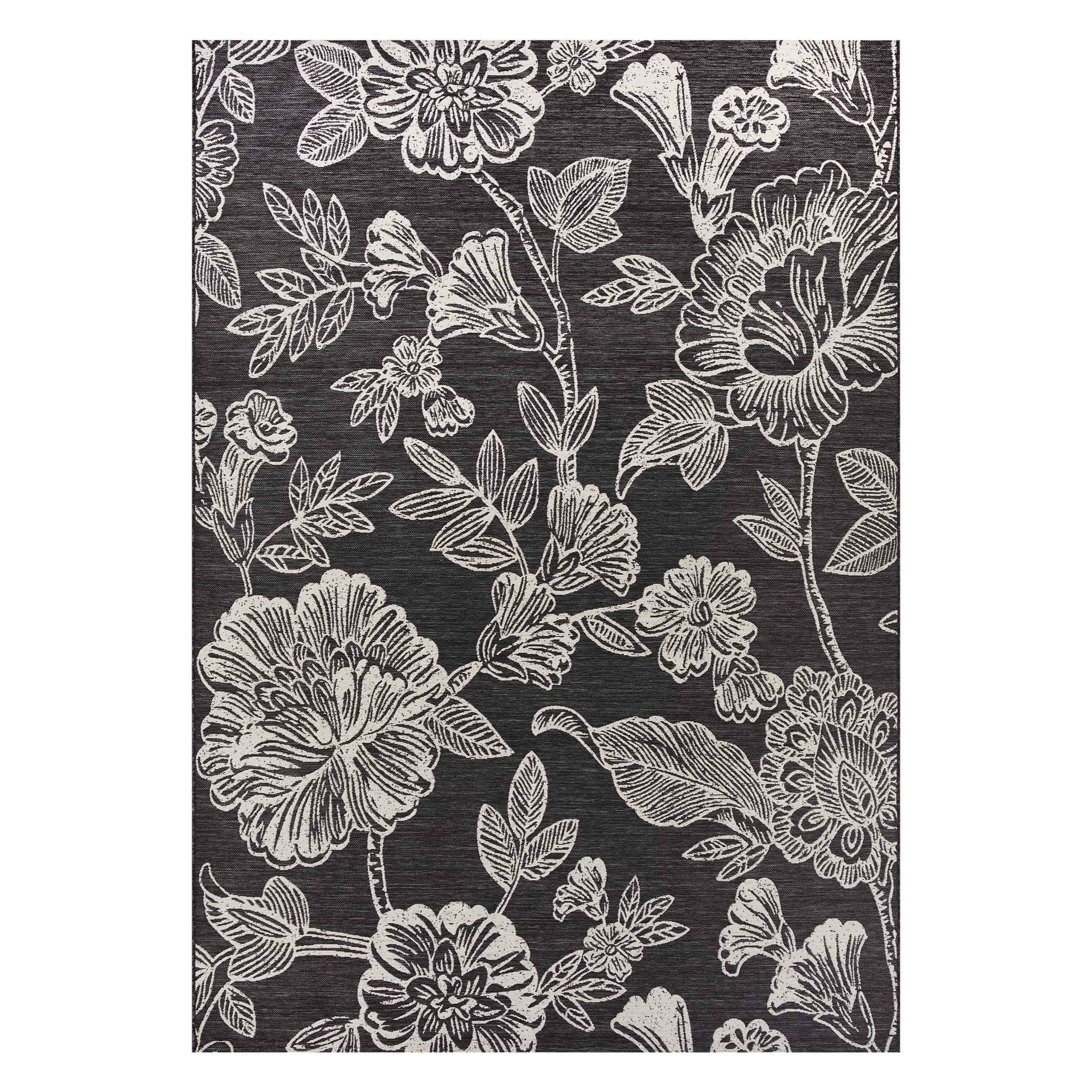 Mainstays Floral 7' x 10' Outdoor Rug - Polypropylene/Polyester - Black & White | Walmart (US)