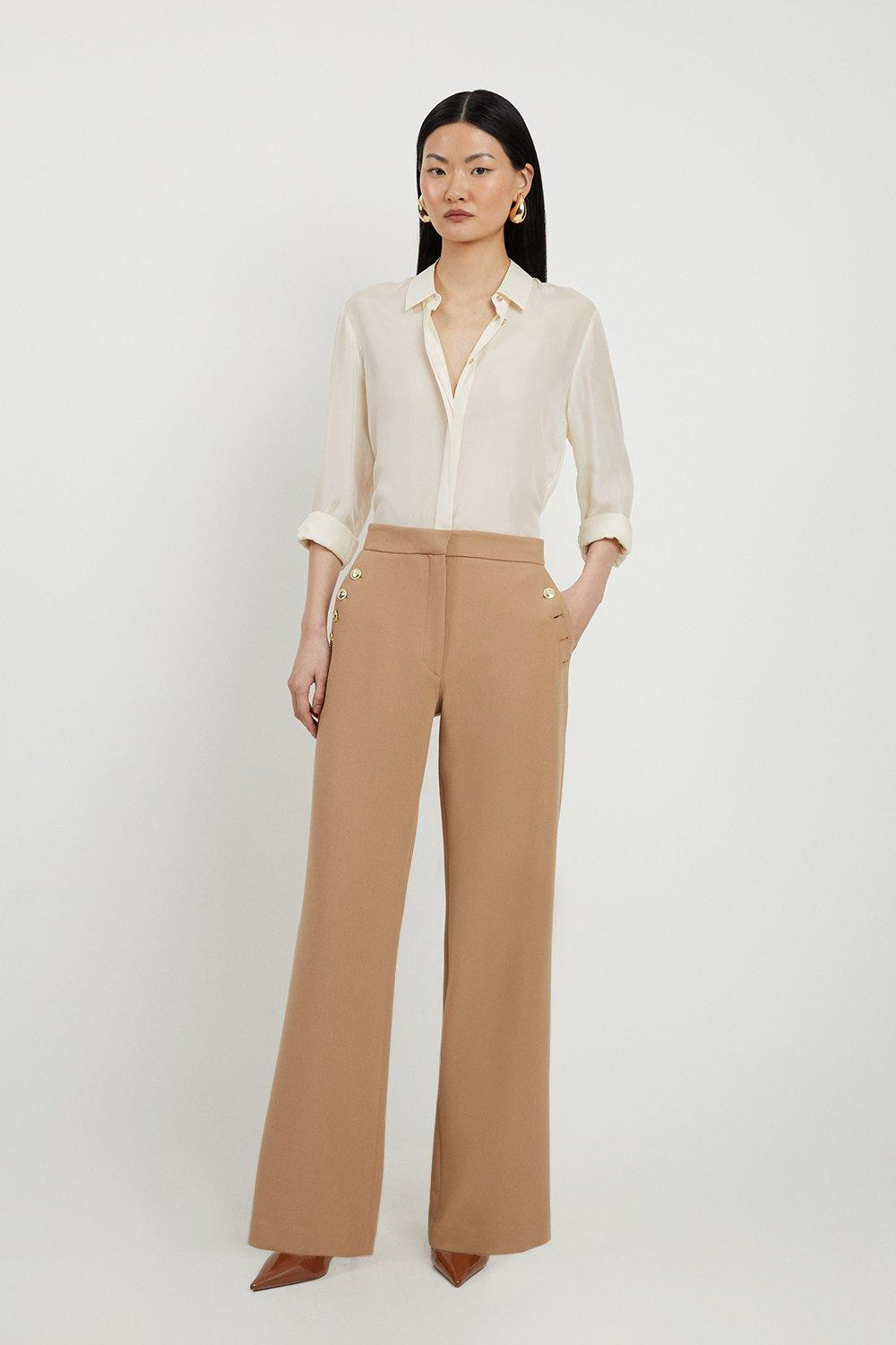 Compact Stretch Tailored Button Detail Wide Leg Trousers | Karen Millen UK + IE + DE + NL