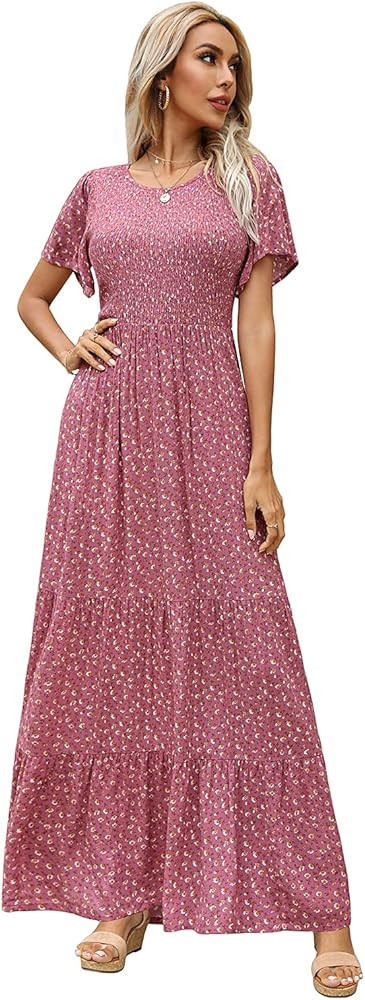 Kranda Women Summer Dress Round Neck Flutter Short Sleeve Smocked Ruffle Tiered Floral Maxi Dress... | Amazon (US)