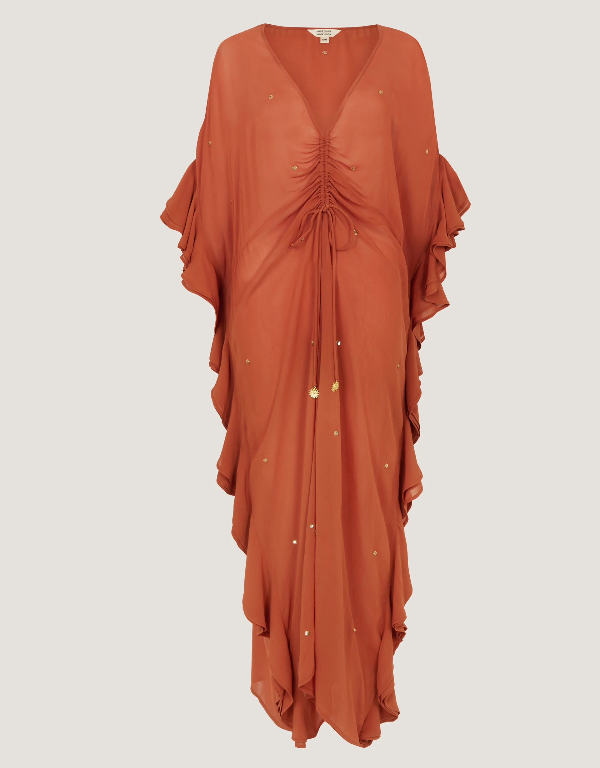 Callie Thorpe x Monsoon Embellished Ruffle Sheer Maxi Kaftan Orange | Monsoon (UK)