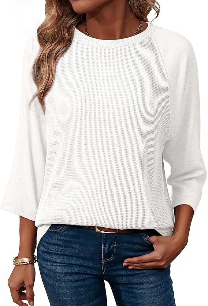Dokotoo Womens Tops 3/4 Length Sleeve Waffle Knit T Shirts for Women | Amazon (US)