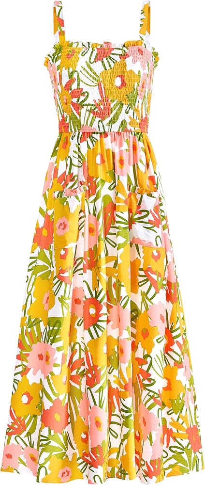 PRETTYGARDEN Womens Summer Dresses 2025 Casual Spaghetti Strap Ruffle Smocked Flowy Floral Print ... | Amazon (US)