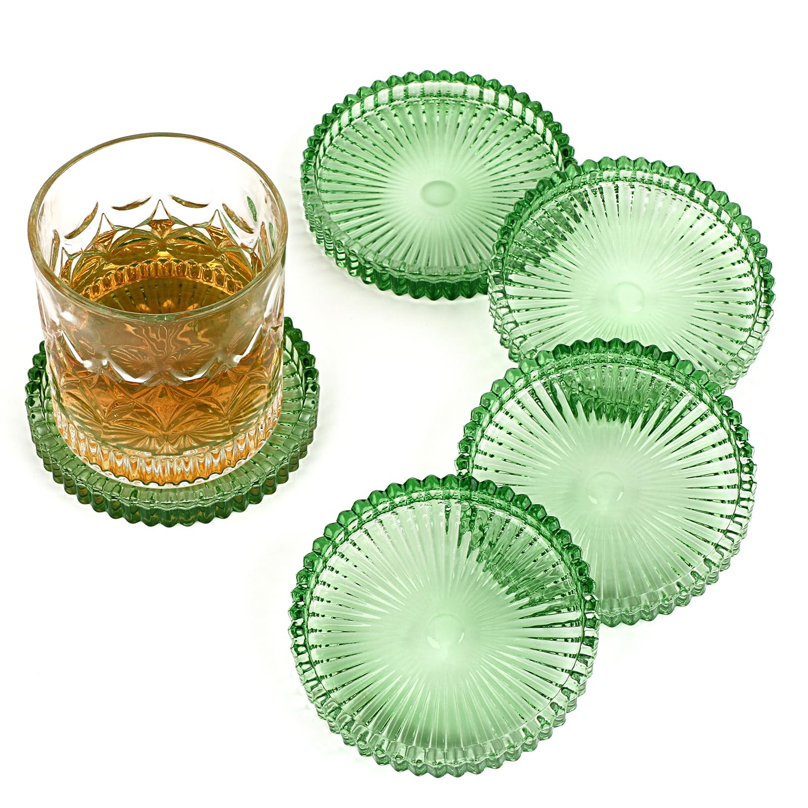 Modern Clear Coaster Set of 5- Glass Coasters for Drinks Crystal Coasters Round Cup Coaster Coffee Table Decor for Office, Kitchen, Bar, Dining Room, Living Room, Patio(Clear Green) | Amazon (US)