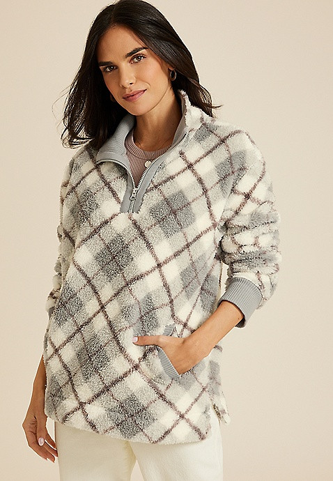 Sherpa Plaid Pullover Sweatshirt | Maurices