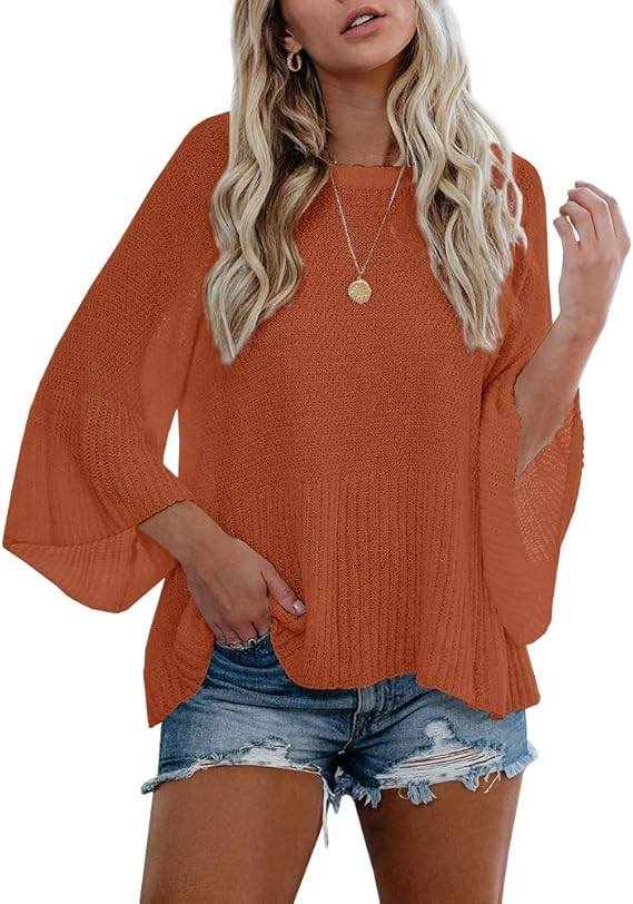 FERBIA Women Oversized Sweaters Long Batwing Sleeve Flowy Blouse Shirts Loose Jumper Tops Lightwe... | Amazon (US)