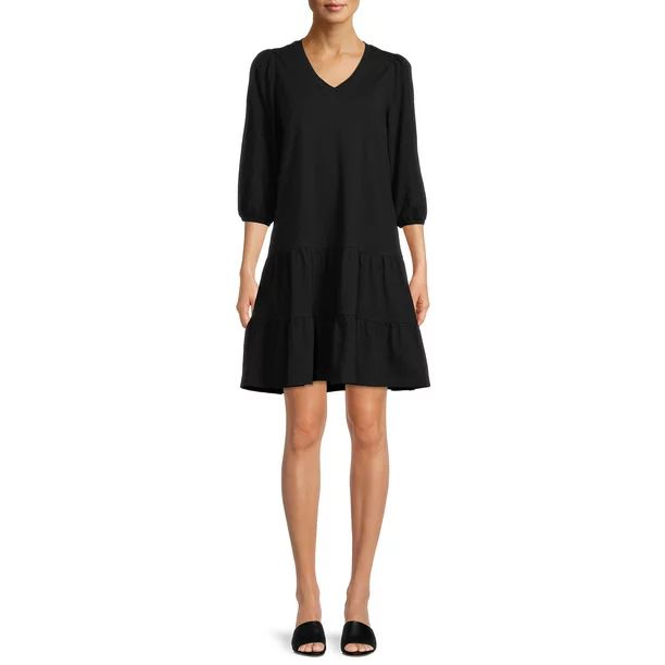 Time and Tru Women's Long Sleeve  Slub V Neck Tiered Knit Dress | Walmart (US)