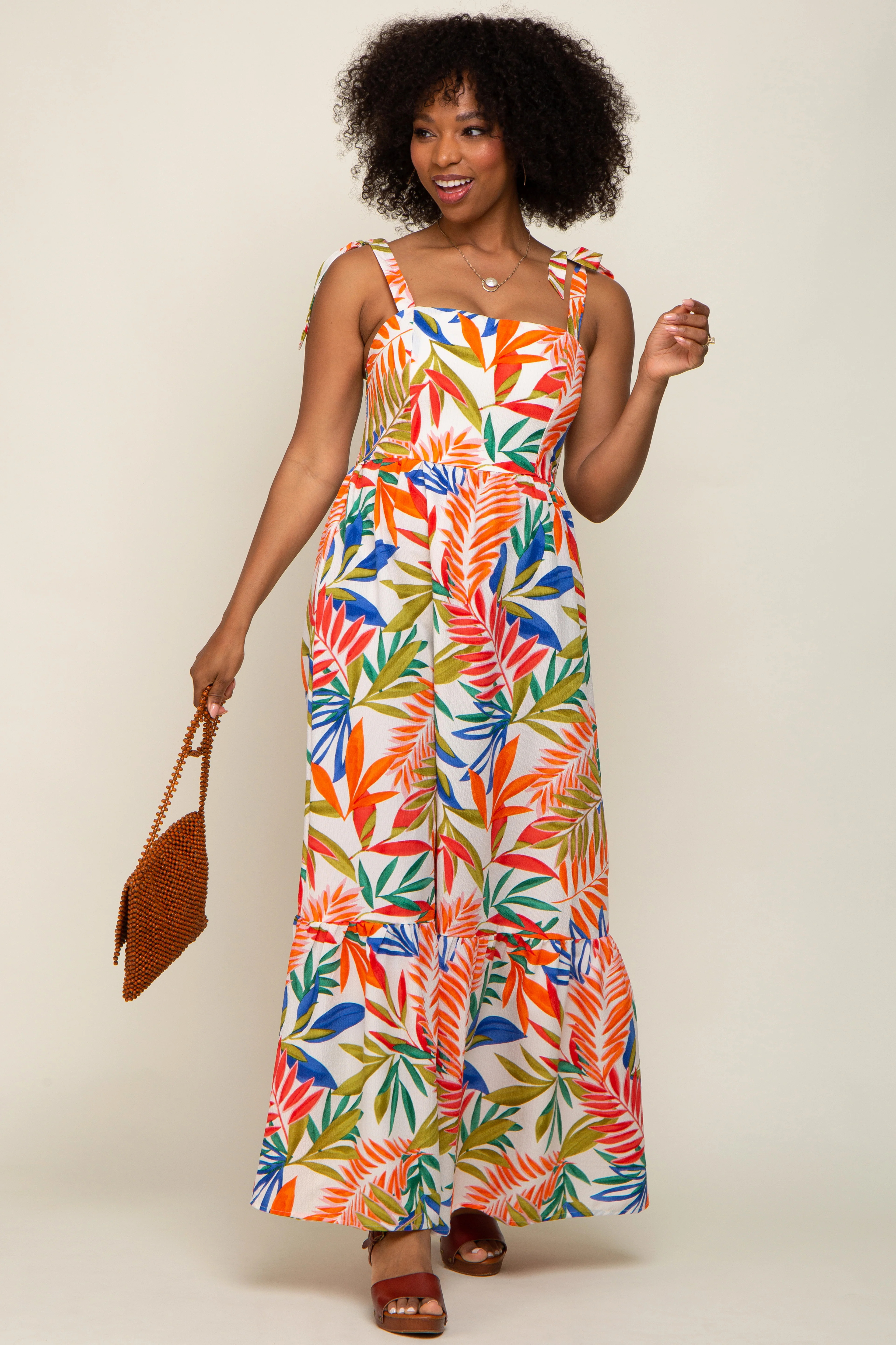 Orange Multi-Color Palm Print Shoulder Tie Maxi Dress | PinkBlush Maternity